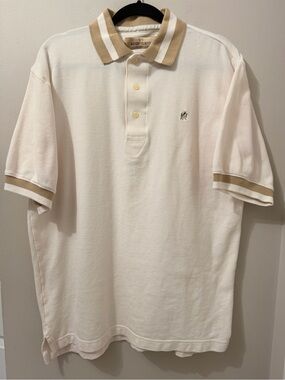 Desert Classic Golfwear Polo Shirt Men L Large Cream Tan Trim Short Sleeve Logo